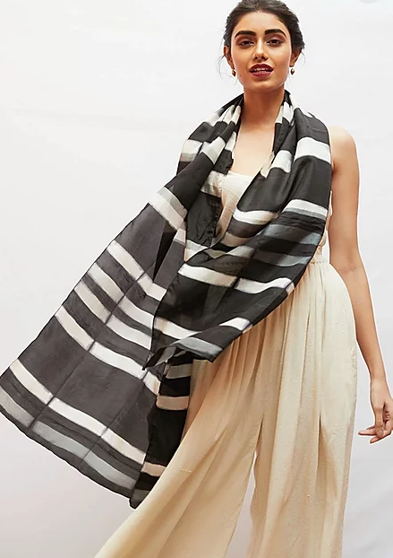 Striped Print Shibori Silk Scarf - Black/White — Jewelled Buddha Striped Print Shibori Silk Scarf - Black/White — Jewelled Buddha